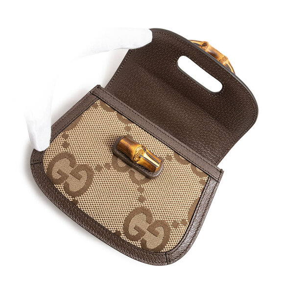Gucci Bamboo Top Handle Handbag Jumbo GG Leather Brown Beige - Picture 3 of 9